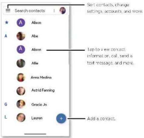 Search contacts A Alison A Abe A Alison Allie Anna Medina Astrid Fanning G Gracie Jo L Lauren Sort contacts, change settings, accounts, and more. Tap to view contact information, call, send a text message, and more. Add a contact.