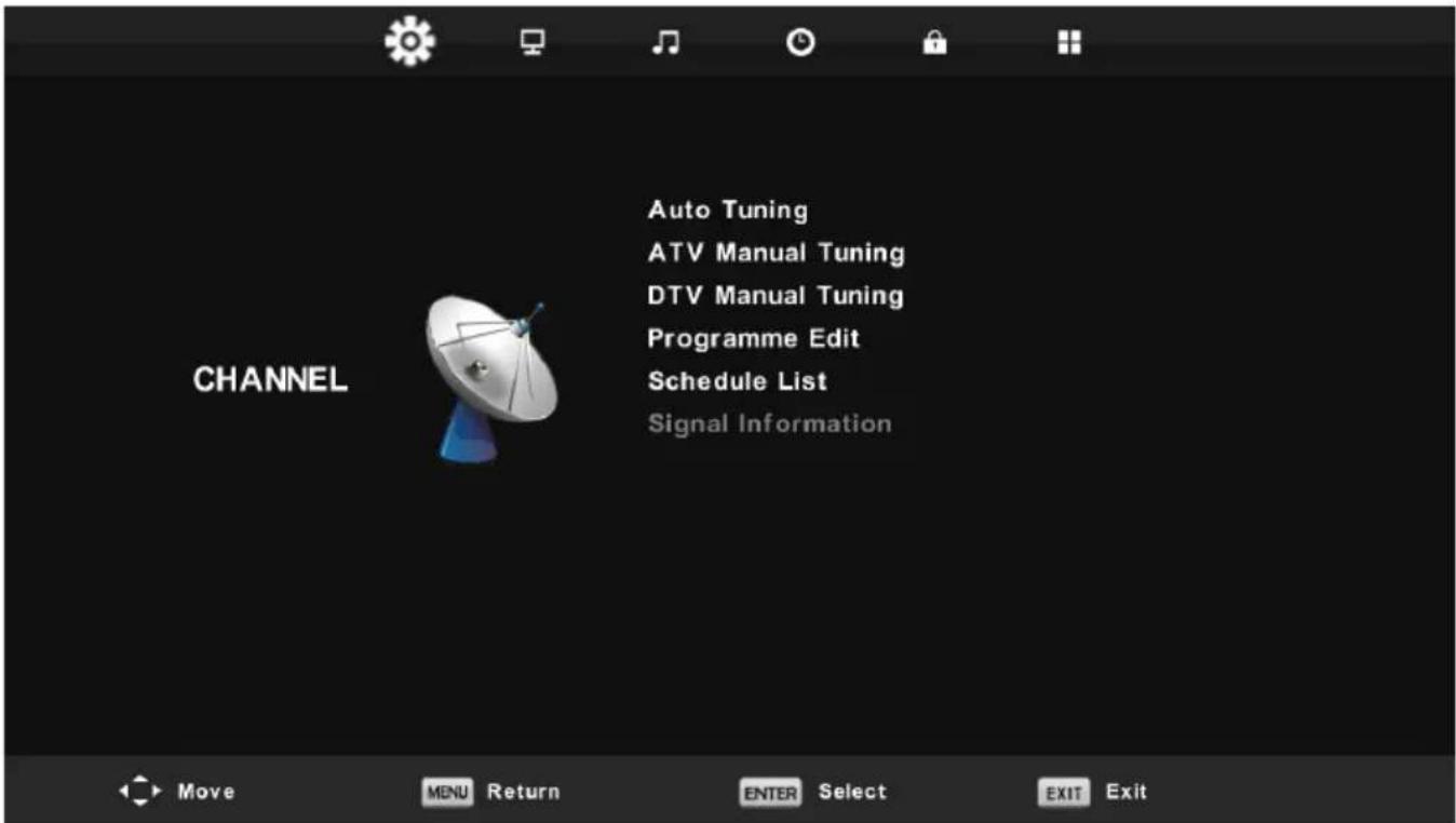 CHANNEL Auto Tuning ATV Manual Tuning DTV Manual Tuning Programme Edit Schedule List Signal Information Move MENU Return ENTER Select EXIT Exit