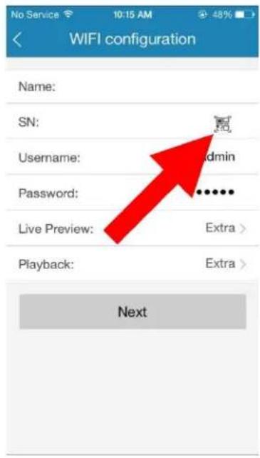 No Service 10:15 AM 48% WIFI configuration Name: SN: Username: admin Password: •••••• Live Preview: Extra > Playback: Extra > Next