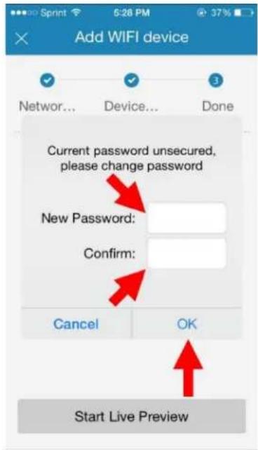 Add WIFI device Network... Device... Done Current password unsecured, please change password New Password: Confirm: Cancel OK Start Live Preview