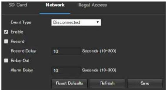 SD Card Network Illegal Access Event Type Disconnected Enable Record Record Delay 10 Seconds (10-300) Relay-Out Alarm Delay 10 Seconds (10-300) Reset Defaults Refresh Save