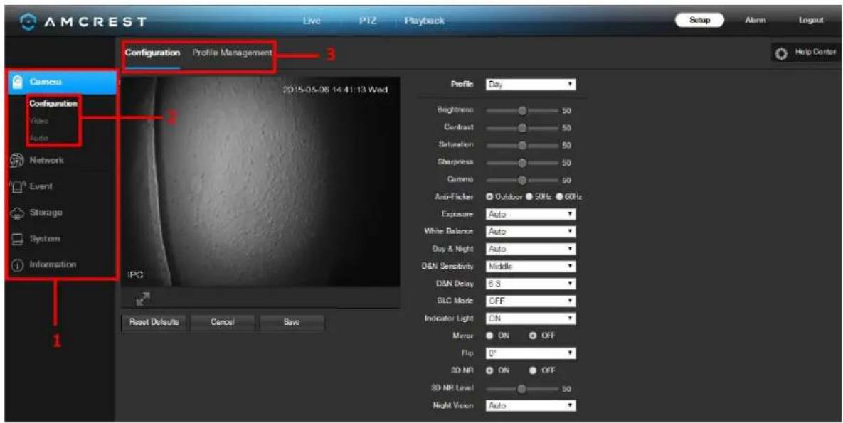 AMCREST Live PTZ Playback Setup Alarm Logout Configuration Profile Management 3 Camera Configuration Video Audio Network Event Storage System Information 2015-05-08 14:41:13 Wed Profile Day Brightness 50 Contrast 50 Saturation 50 Sharpness 50 Gamma 50 Anti-Ficker Outdoor 50Hz 60Hz Exposure Auto White Balance Auto Day & Night Auto D&N Sensitivity Middle DSN Delay 6 S BLC Mode CFF Indicator Light ON Mirror ON OFF Flip 0° 3D NR ON OFF 3D NP Level 50 Night Vision Auto Reset Defaults Cancel Save