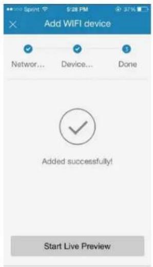 Add WIFI device Network... Device... Done Added successfully! Start Live Preview