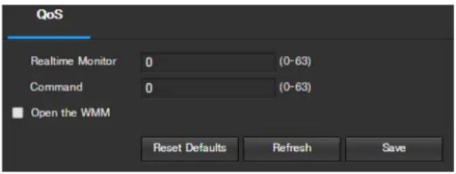 QoS Realtime Monitor 0 (0-63) Command 0 (0-63) Open the WMM Reset Defaults Refresh Save