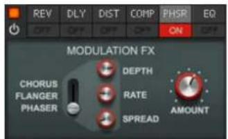 REV DLY DIST COMP PHSR EQ OFF OFF ON OFF MODULATION FX CHORUS FLANGER PHASER DEPTH RATE SPREAD AMOUNT