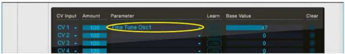 CV Input Amount Parameter Learn Base Value Clear CV 1 100 Fine Tune Osc1 47 CV 2 100 0 CV 3 100 0 CV 4 100 0