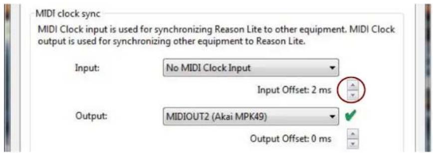 MIDI clock sync MIDI Clock input is used for synchronizing Reason Lite to other equipment. MIDI Clock output is used for synchronizing other equipment to Reason Lite. Input: No MIDI Clock Input Input Offset: 2 ms Output: MIDIOUT2 (Akai MPK49) Output Offset: 0 ms