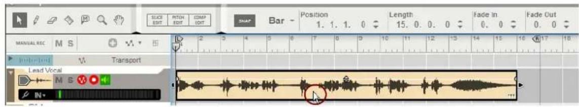SLICE EBIT PITCH EDIT COMP EDIT BAR Position 1. 1. 1. 0 Length 15. 0. 0. 0 Fade in 0. 0 Fade Out MANUAL REC M S V Transport Lead Vocal M S N