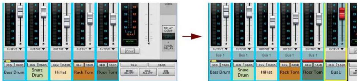 OUTPUT SEG RACK Bass Drum Output SEG RACK Snare Drum HiHat Output SEG RACK Rack Tom Floor Tom Output SEG RACK SEED ALL OFF SEED ALL OFF DIN OUTDO LEVEL DELAY COMP CUT TOTAL DELAY → OUTPUT Bus 1 SEG RACK Bass Drum Output SEG RACK Snare Drum HiHat Output SEG RACK Rack Tom Floor Tom Bus 1 Output SEG RACK Bass Drum Output SEG RACK Snare Drum HiHat Output SEG RACK Rack Tom Floor Tom Bus 1