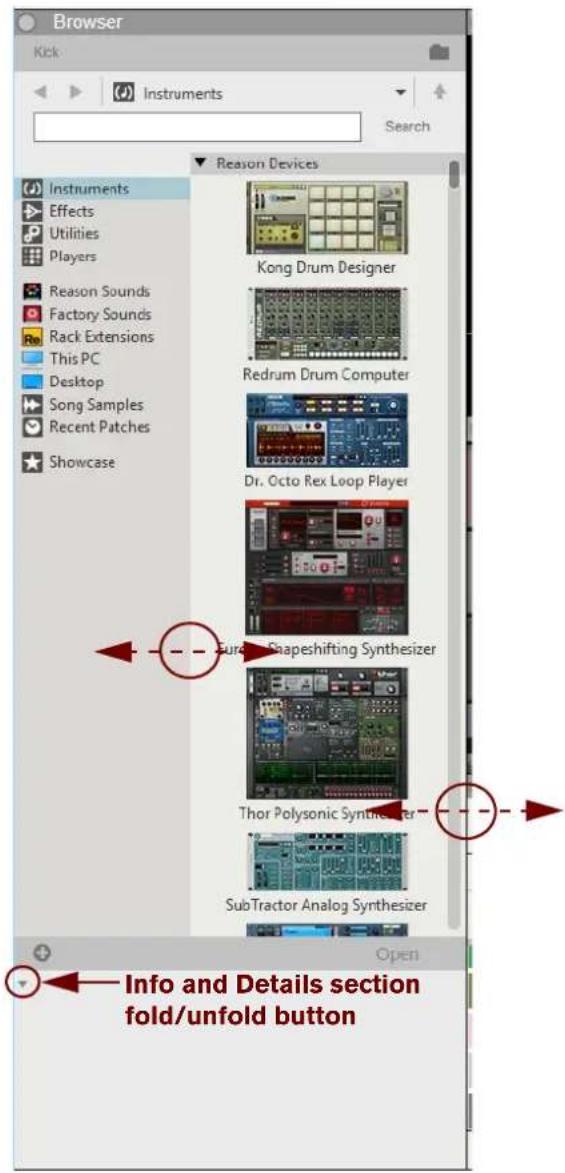 Browser Kick Instruments Search Reason Devices Instruments Effects Utilities Players Reason Sounds Factory Sounds Rack Extensions This PC Desktop Song Samples Recent Patches Showcase Kong Drum Designer Redrum Drum Computer Dr. Octo Rex Loop Player Euro Grapeshifting Synthesizer Thor Polysonic Synthesizer SubTractor Analog Synthesizer Info and Details section fold/unfold button