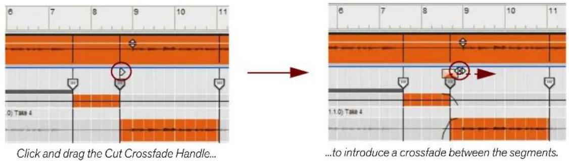 Click and drag the Cut Crossfade Handle... 1.1.0) Take 4 to introduce a crossfade between the segments.