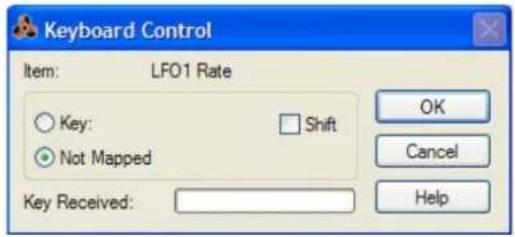 Keyboard Control Item: LFO1 Rate Key: Shift Not Mapped OK Cancel Help Key Received: