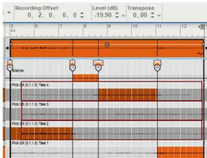 Recording Offset 0. 2. 0. 0. 0 Level (dB) -19.90 ← = Transpose 0.00 ← = 5 6 7 8 9 10 11 12 4/4 Silence Pick Git (5.1.1.0) Take 4 Pick Git (5.1.1.0) Take 3 Pick Git (5.1.1.0) Take 2 Pick Git (5.1.1.0) Take 1