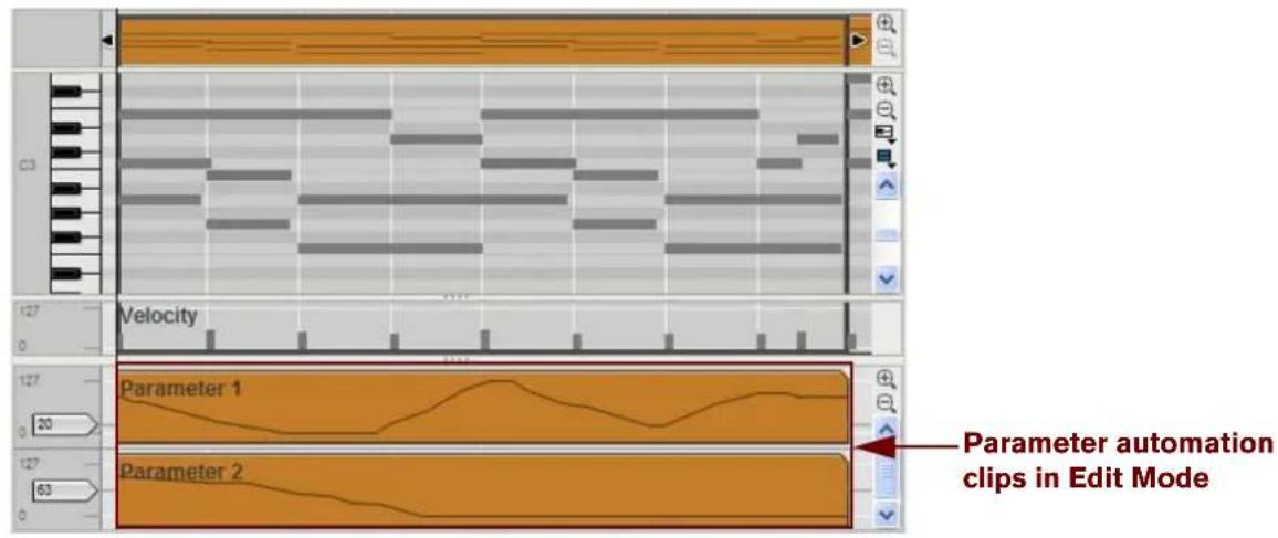 Parameter automation clips in Edit Mode Parameter 1 Parameter 2
