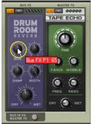 DRUM ROOM REVERB TIME F_BACK WOBBLE PREQ RESO DRY WET BUS FX P1 65 BUS FX TO MASTER FX TAPE ECHO