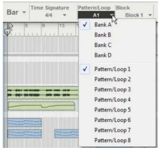 Bar Time Signature 4/4 Pattern/Loop A1 Block Block 1 Bank A Bank B Bank C Bank D Pattern/Loop 1 Pattern/Loop 2 Pattern/Loop 3 Pattern/Loop 4 Pattern/Loop 5 Pattern/Loop 6 Pattern/Loop 7 Pattern/Loop 8