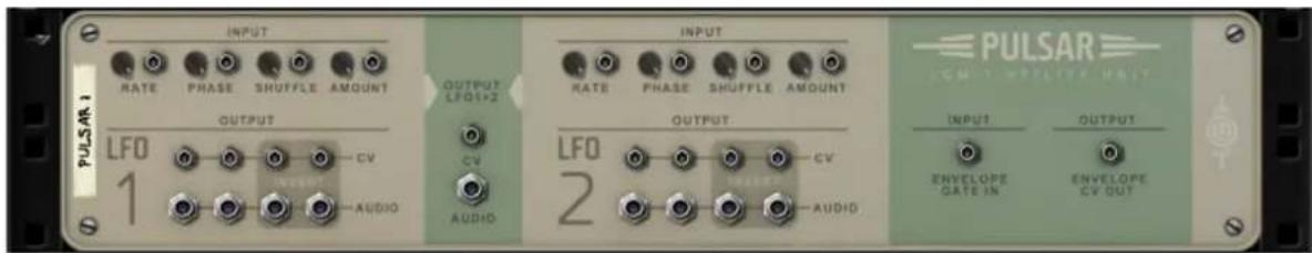 PULSAR 1 INPUT RATE PHASE SHUFFLE AMOUNT OUTPUT LFO1+2 CV AUDIO OUTPUT RATE PHASE SHUFFLE AMOUNT LFO 2 OUTPUT CV AVOC AUDIO PULSAR INPUT ENVELOPE CATE IN OUTPUT ENVELOPE CV OUT