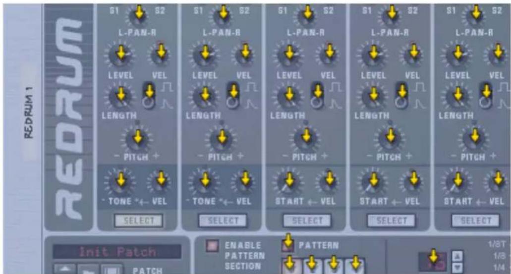 REDRUM 1 S1 S2 L-PAN-R LEVEL VEL LENGTH - PITCH + TONE ← VEL SELECT S1 S2 L-PAN-R LEVEL VEL LENGTH - PITCH + TONE ← VEL SELECT S1 S2 L-PAN-R LEVEL VEL LENGTH - PITCH + START ← VEL SELECT S1 S2 L-PAN-R LEVEL VEL LENGTH - PITCH + START ← VEL SELECT S1 S2 L-PAN-R LEVEL VEL LENGTH - PITCH + START ← VEL SELECT Init Patch PATCH ENABLE PATTERN SECTION PATTERN 1/8T 1/8 1/4