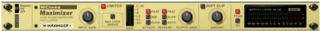 MClass Maximizer LOOK AHEAD LIMITER AND SOFT CLIPPER M MAXIMIZER 1 INPUT GAIN LIMITER 4ms LOOK AHEAD GAIN -0 dB -4 -8 -12 -16 -20 FAST FAST MID SLOW SLOW AUTO ATTACK RELEASE OUTPUT GAIN SOFT CLIP AMOUNT YU OUTPUT LEVEL IN dB PEAK -32.24-19.12-10.6-6.6 -0.42 +4.40