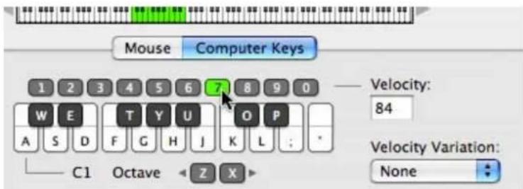 Mouse Computer Keys 1 2 3 4 5 6 7 8 9 0 —— Velocity: 84 A S D F G H J K L ; * Velocity Variation: None C1 Octave < Z X >