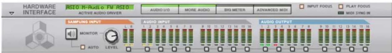 HARDWARE INTERFACE RS10 M-Audio FW RS10 ACTIVE AUDIO DRIVER AUDIO I/O MORE AUDIO BIG METER ADVANCED MIDI INPUT FOCUS PLAY FOCUS MIDI SYNC IN SAMPLING INPUT MONITOR AUTO LEVEL AUDIO INPUT AUDIO OUTPUT 1 2 3 4 5 6 7 8 9 10 11 12 13 14 15 16 1 2 3 4 5 6 7 8 9 10 11 12 13 14 15 16