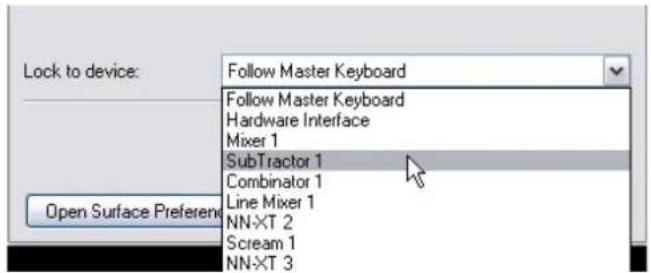 Lock to device: Follow Master Keyboard Follow Master Keyboard Hardware Interface Mixer 1 SubTractor 1 Combinator 1 Line Mixer 1 NN-XT 2 Scream 1 NN-XT 3 Open Surface Preferen
