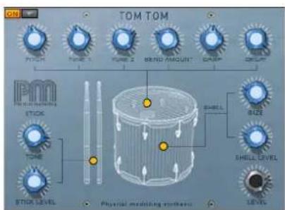 TOM TOM FT/TH TONE 1 TONE 2 SEND MOUNT CABB SET IPM STICK TONE STICK LEVEL Physical modeling mechanism SHELL SIZE SHELL LEVEL LEVEL