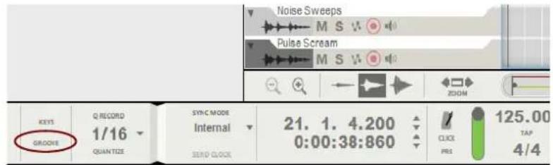 Noise Sweeps M S V Pulse Scream M S V ZOOM KEYS Q RECORD 1/16 SYNC MODE Internal 21. 1. 4.200 0:00:38:860 CLOCK 125.00 TAP QUANTIZE 4/4