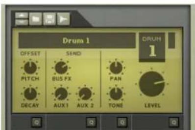 Drum 1 OFFSET SEND PITCH BUS FX PAN DECAY AUX 1 AUX 2 TONE LEVEL DRUM 1