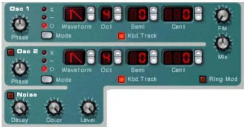 Osc 1 Phase x - O Waveform Oct Sami Cent FM Mode Kbd. Track Osc 2 Phase x - O Waveform Oct Sami Cent Kbd. Track Ring Mod Mode Noise Decay Color Level