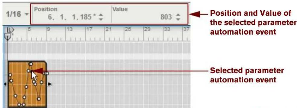 1/16 Position 6. 1. 1.185* Value 803 Position and Value of the selected parameter automation event Selected parameter automation event