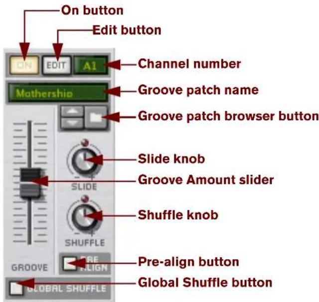 On button Edit button ON EDIT A1 Mothership Channel number Groove patch name Groove patch browser button Slide knob Groove Amount slider SHuffle knob GROOVE PRE ALIGN Pre-align button Global Shuffle button GLOBAL Shuffle