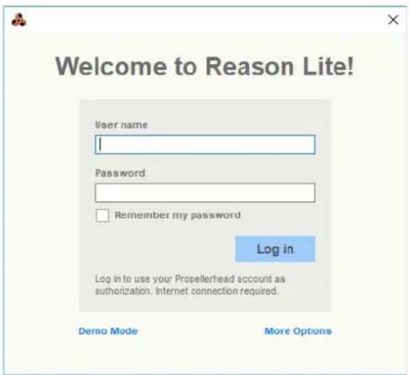 Welcome to Reason Lite! User name Password Remember my password Log in Log in to use your Propellerhead account as authorization. Internet connection required. Demo Mode More Options
