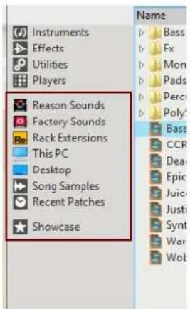 Instruments Effects Utilities Players Reason Sounds Factory Sounds Rack Extensions This PC Desktop Song Samples Recent Patches Showcase Name Bass Fx Mon Pads Perci Poly1 Bass CCR Dean Epic Juic Justi Synt War Wolf
