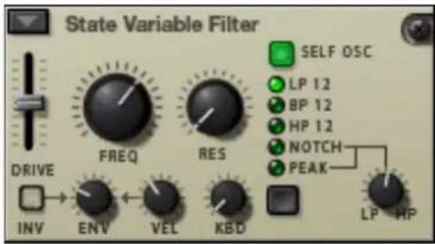 State Variable Filter DRIVE FREQ RES INV ENV VEL KBD SELF OSC LP 12 BP 12 HP 12 NOTCH PEAK LP HP
