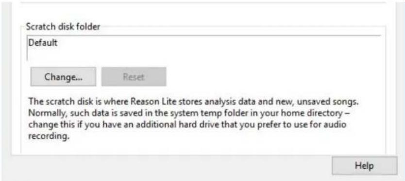Scratch disk folder Default Change... Reset The scratch disk is where Reason Lite stores analysis data and new, unsaved songs. Normally, such data is saved in the system temp folder in your home directory – change this if you have an additional hard drive that you prefer to use for audio recording. Help