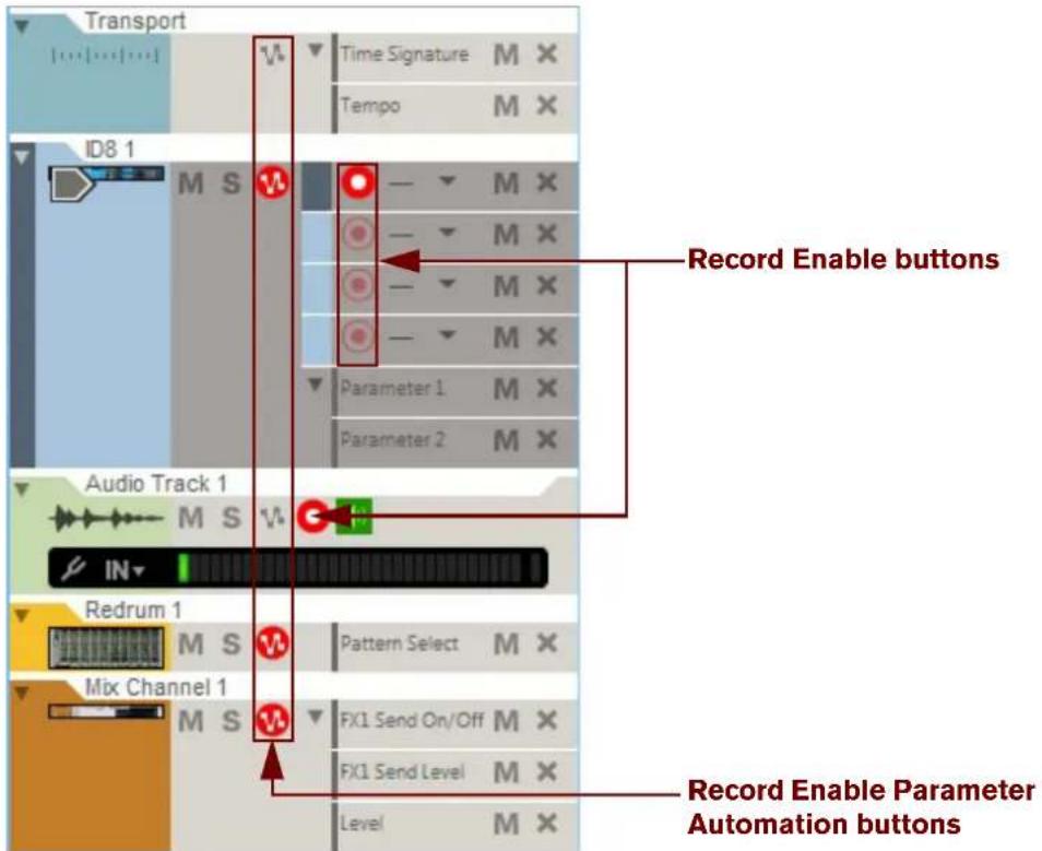 Transport Time Signature M × Tempo M × ID8 1 M S Record Enable buttons Parameter 1 M × Parameter 2 M × Audio Track 1 M S V IN Redrum 1 M S Pattern Select M × Mix Channel 1 M S FX1 Send On/Off M × FX1 Send Level M × Level M × Record Enable Parameter Automation buttons
