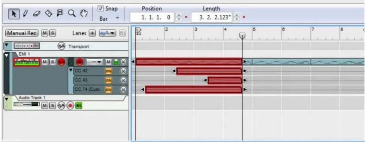 Snap Bar Position 1. 1. 1. 0 Length 3. 2. 2.123* Manual Rec M S Lanes + H Transport EMI 1 M S CC 42 ON CC 43 ON CC 74 (Cuto ON) Audio Track 1