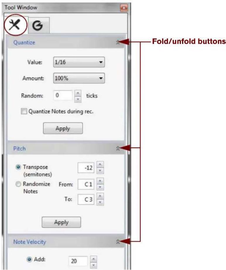 Tool Window Quantize Value: 1/16 Amount: 100% Random: 0 ticks Quantize Notes during rec. Apply Fold/unfold buttons Pitch Transpose -12 (semitones) Randomize From: C1 Notes To: C3 Apply Note Velocity Add: 20