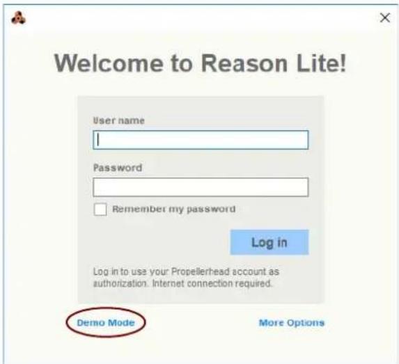 Welcome to Reason Lite! User name Password Remember my password Log in Log in to use your Propellerhead account as authorization. Internet connection required. Demo Mode More Options