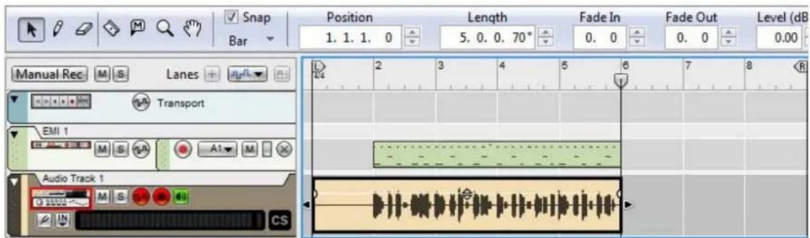 Snap Bar Position Length Fade In Fade Out Level (dB 1. 1. 1. 0 5. 0. 0. 70° 0. 0 0. 0 0.00 Manual Rec M S Lanes + L 2 3 4 5 6 7 8 R Transport EMI 1 M S A1 M Audio Track 1 CS