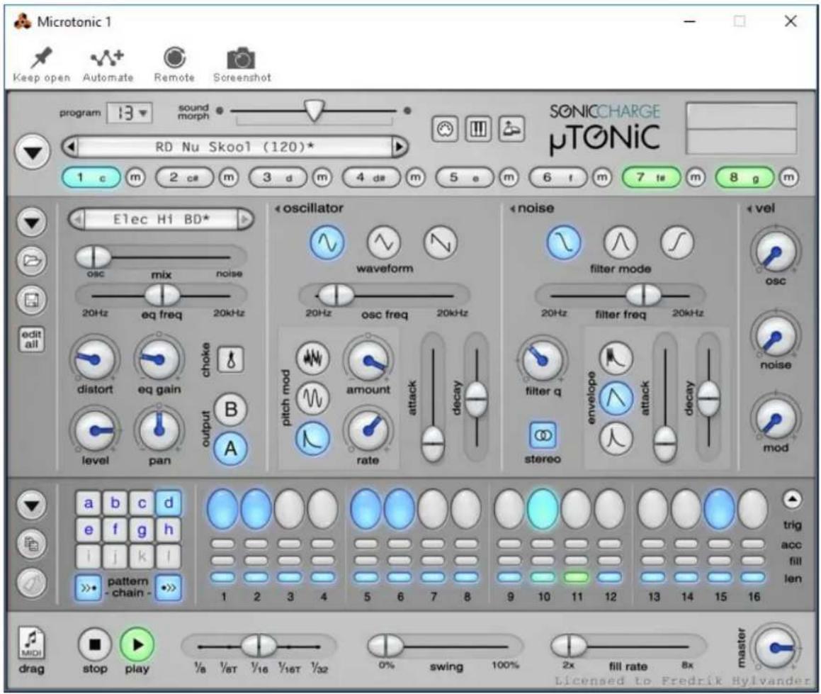 Microtonic 1 Keep open Automate Remote Screenshot program 13 sound morph RD Nu Skool (120)* SONICCHARGE μTONiC 1 c m 2 ca m 3 d m 4 de m 5 e m 6 f m 7 te m 8 g m Edit all Elec Hi BD* osc mix noise 20Hz eq freq 20kHz distort eq gain choke level pan output B A < oscillator waveform 20Hz osc freq 20kHz pitch mod amount attack decay rate < noise filter mode 20Hz filter freq 20kHz filter q envelope decay stereo mod < vel osc noise triq acc fill len pattern - chain - 1 2 3 4 5 6 7 8 9 10 11 12 13 14 15 16 MIDI master drag stop play ½/8 ½T ½16 ½16T ½32 0% swing 100% 2x fill rate 8x Licensed to Fredrik Hylvander