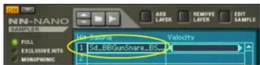 NN-NANO SAMPLER FULL EXCLUSIVE HITS MUNOPHONIC 1 Sd_BBGunSnare_BS_ 2 Add LAYER REMOVE LAYER EDIT SAMPLE Hit Sample Velocity