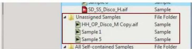 SD_SS_Disco_H.aif Unassigned Samples HH_OP_Disco_M Copy.aif Sample 1 Sample 5 All Self-contained Samples File Folder Sample Sample Sample Sample