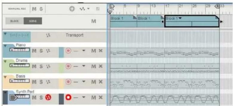 MANUAL REC M S BLOCK SONG M Block 1 Block 1 Block 1▼ Transport Piano M S V Drums M S V Bass M S V Synth Pad M S V - M X