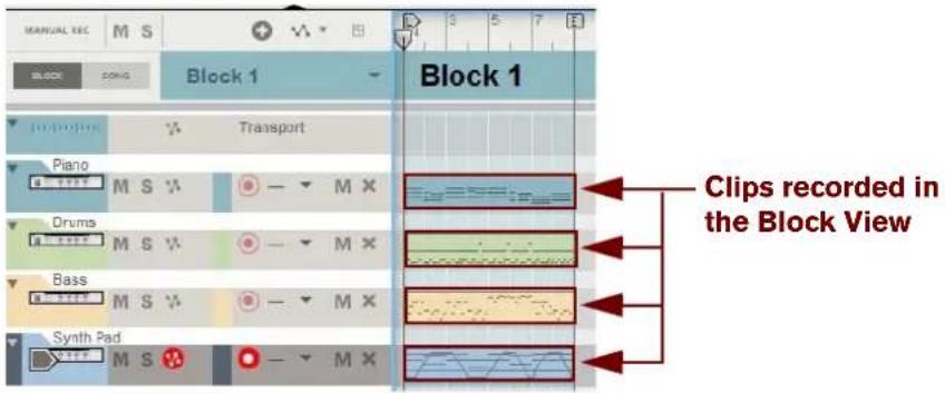 MANUAL REC M S Block 1 Block 1 Piano Drums Bass Synth Pad Blocks recorded in the Block View