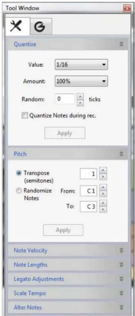 Tool Window Quantize Value: 1/16 Amount: 100% Random: 0 ticks Quantize Notes during rec. Apply Pitch Transpose (semitones) 1 Randomize Notes From: C1 To: C3 Apply Note Velocity Note Lengths Legato Adjustments Scale Tempo Alter Notes