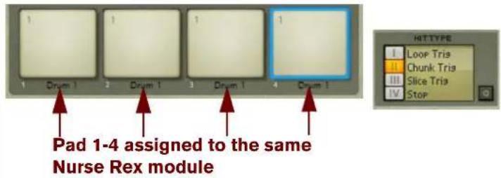 1 1 1 1 1 1 1 Drum 1 Drum 1 Drum 1 Drum 1 4 Drum 1 Pad 1-4 assigned to the same Nurse Rex module