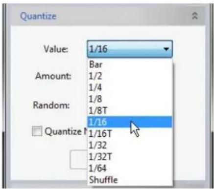 Quantize Value: 1/16 Amount: Bar 1/2 1/4 1/8 1/8T Random: 1/16 Quantize 1/16T 1/32 1/32T 1/64 Shuffle