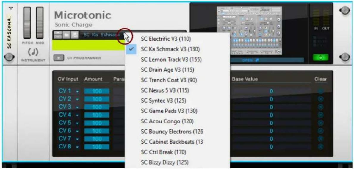 Microtonic Sonic Charge SC Ka Schmack PITCH MOD (d) INSTRUMENT CV PROGRAMMER SC Electrific V3 (110) SC Ka Schmack V3 (130) SC Lemon Track V3 (155) SC Drain Age V3 (115) SC Trench Coat V3 (90) SC Nexus 5 V3 (115) SC Syntec V3 (125) SC Game Pads V3 (130) SC Acou Congo (120) SC Bouncy Electrons (126) SC Cabinet Backbeats (13 SC Ctrl Break (170) SC Bizzy Dizzy (125) Base Value Clear CV Input Amount Para CV 1 100 CV 2 100 CV 3 100 CV 4 100 CV 5 100 CV 6 100 CV 7 100 CV 8 100 SC Electric V3 (110) SC Ka Schmack V3 (130) SC Lemon Track V3 (155) SC Drain Age V3 (115) SC Trench Coat V3 (90) SC Nexus 5 V3 (115) SC Syntec V3 (125) SC Game Pads V3 (130) SC Acou Congo (120) SC Bouncy Electrons (125) SC Cabinet Backbeats (13 SC Ctrl Break (170) SC Bizzy Dizzy (125)